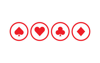 Four of a kind playing cards suits icons. Red poker cards icons in a circle. Heart, club, diamond and spade icons isolated on white background. Gamble games vector illustration.