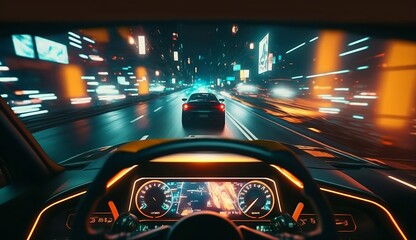 Obraz na płótnie Canvas Car interior, neon monitor, steering wheel and controls, rear view. Sports car, futuristic autonomous vehicle. First-person view. Generative Ai