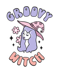 Cute young witch withbeautiful blue hair. Retro 70s 60s Hippie Groovy Halloween