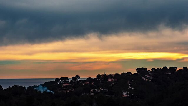 Cloud movement above the sea, beautiful sunrise,  time lapse, France 4K