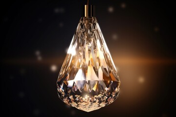  a crystal light bulb hanging from a black background with a light shining on it's side and a starburst in the background.  generative ai
