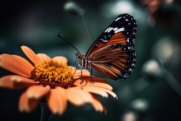 Fototapeta na wymiar a butterfly sitting on top of a flower next to a green plant with a yellow flower in the foreground and a black background with a blurry background. generative ai