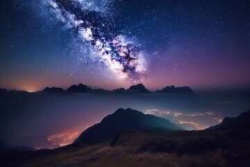  a view of the night sky from a high altitude point of view of a mountain range with a bright star in the sky above it.  generative ai