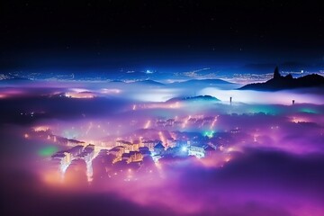  a night view of a city in the clouds with a bright light in the middle of the city and a bright light in the sky above the clouds.  generative ai