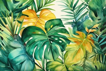 Tropical plants explore the beauty. Watercolor Painting. Generative AI