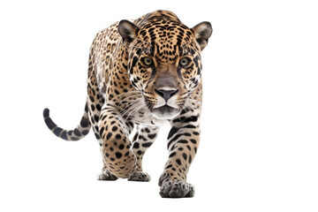 Fototapeta premium an isolated jaguar front-view, whole body, stalking prey, horizontal, fierce jungle-themed photorealistic illustration on a transparent background in PNG. Panthera onca. Generative AI