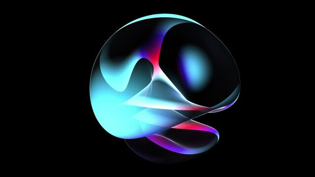 3d render abstract art video of surreal 3d ball or sphere in curve wavy round and spherical lines forms in transparent glass material with glowing blue purple neon gradient parts on black background