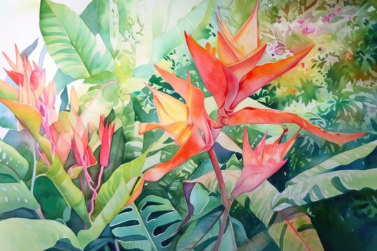 Tropical plants in full bloom. A gorgeous sight to behold. Watercolor Painting. Generative AI