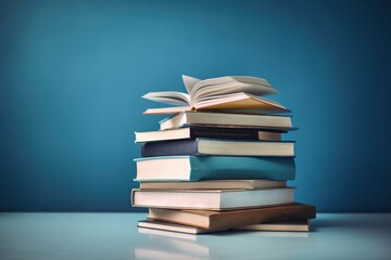  a stack of books sitting on top of a table next to a blue wall with a blue background and a blue wall in the background.  generative ai