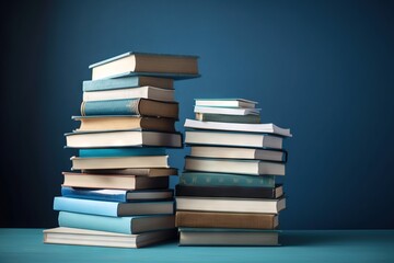  a stack of books sitting on top of a blue table next to a blue wall and a blue wall behind it is a stack of books.  generative ai