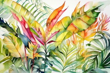 Tropical plants that will transport you to paradise. Watercolor Painting. Generative AI
