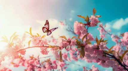 Cherry blossoms and butterflies, spring background
