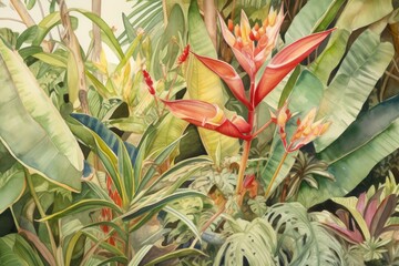 Tropical plants. A celebration of nature's abundance. Watercolor Painting. Generative AI