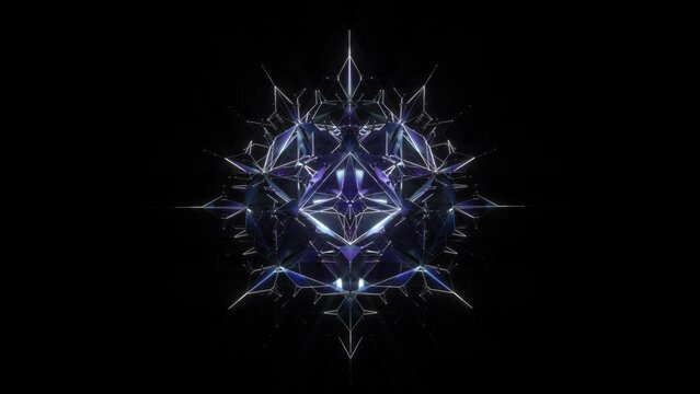 3d render abstract art video animation with surreal alien fractal diamond crystal symmetry star flower based on triangle forms in wire structure with glass parts in purple and blue color on black