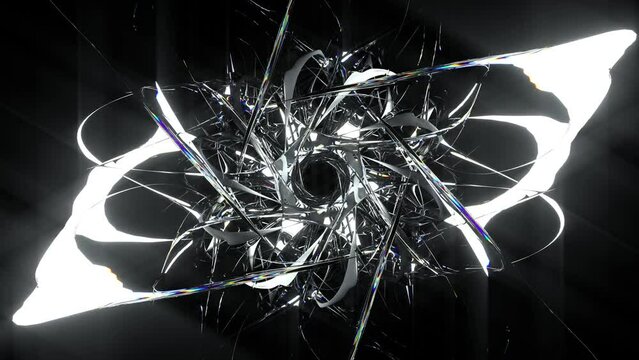3d render of abstract art loop animation video with transform rotating fractal diamond crystal alien star flower in curve lines forms in glass material with color dispersion effect on black background