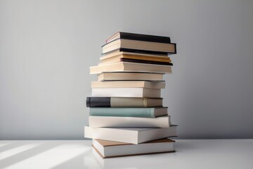  a stack of books sitting on top of each other on top of a white table next to a gray wall and a white wall behind it.  generative ai