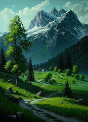 a painting of a green field with a mountain in the background, scenery artwork, nature landscape, art illustration 