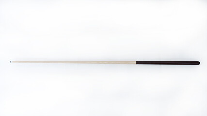 Billiard cues on a white background. Parts of a billiard cue close-up. Live photos of a billiard cue