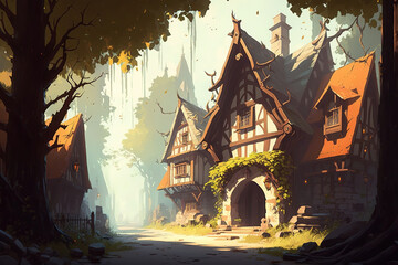 Fototapeta na wymiar a painting of a village in the woods, medieval fantasy town, art illustration 
