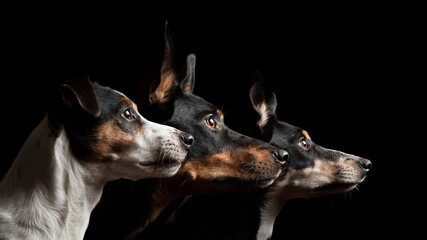 a group of three dogs a border collie puppy an australian kelpie and a jack russell terrier portrait in the studio on a black background