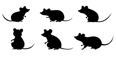 Mice silhouette, black rat icons in different poses, animal rodents set. Vector flat cartoon illustration. isolated collection