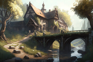 Obraz premium a painting of a village with a bridge over a river, fantasy art illustration 