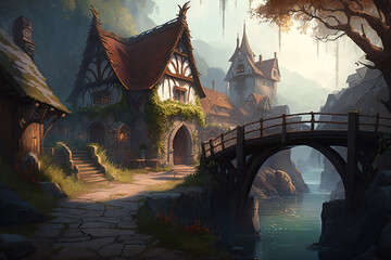 Obraz premium a painting of a village with a bridge over a river, fantasy art illustration 