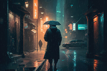 Fototapeta na wymiar a person walking in the rain with an umbrella, rainy cyberpunk city, generative ai illustration 