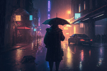 a person walking in the rain with an umbrella, rainy cyberpunk city, generative ai illustration 