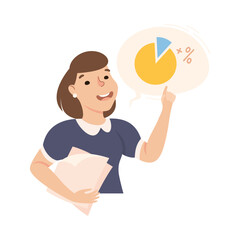 Young Woman Office Employee with Paper Documents Talking About Pie Chart Graph Vector Illustration