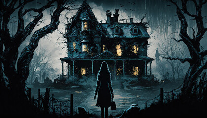 a woman standing in front of a creepy house, art illustration 