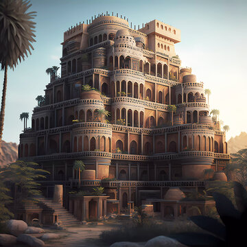 Babylon. View of the city. Tower of Babel. Biblical city. Beautiful houses. Generative AI