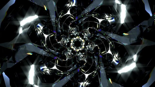 3d render of abstract art loop animation video with transform rotating fractal diamond crystal alien star flower in curve lines forms in glass material with color dispersion effect on black background