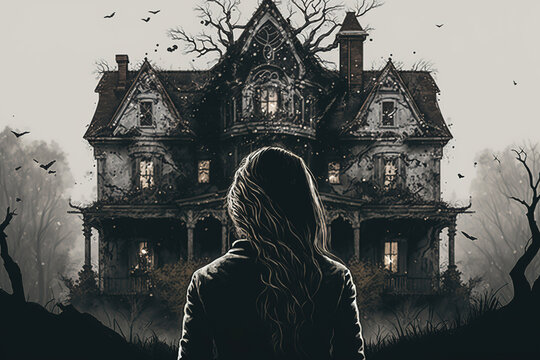 a woman standing in front of a creepy house, art illustration 