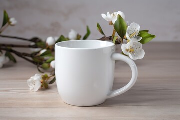 Obraz na płótnie Canvas a white coffee cup with a branch of white flowers on a table next to a white wall and a white wall behind the cup is a branch with white flowers. generative ai