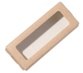 Empty brown rectangular cardboard box with a transparent lid on a white isolated background