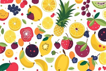  a bunch of different fruits are on a white background with a pineapple, oranges, grapes, lemons, strawberries, and pineapples. generative ai