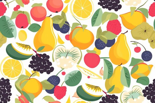  a bunch of fruit is on a white background with blackberries, lemons, grapes, apples, grapes, and pears on it.  generative ai