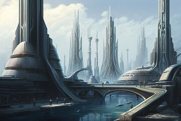 Naklejka na ściany i meble Futuristic Cities, fantastic sci-fi art illustration 