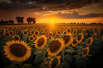 Sunflower field in the Midwest at sunset, art illustration  - obrazy, fototapety, plakaty
