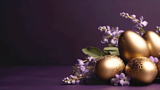 golden Easter eggs and spring flowers on a purple background. Spring break concept with copy space. Top view