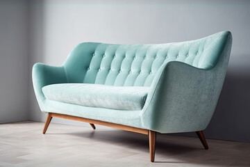 Modern mint sofa on wooden legs stands in the corner against the wall in the interior, created with Generative AI