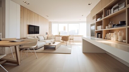 Fototapeta premium Light wooden living room for the homely feeling, interior. Generative AI Technology 