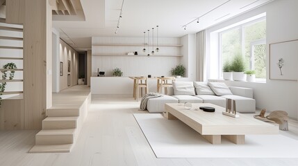 Light wooden living room for the homely feeling, interior. Generative AI Technology 