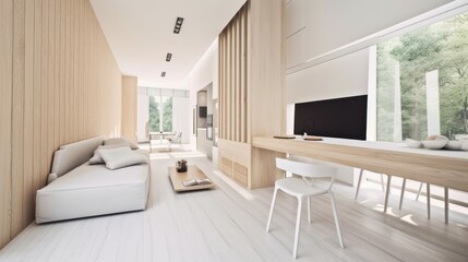 Fototapeta premium Light wooden living room for the homely feeling, interior. Generative AI Technology 