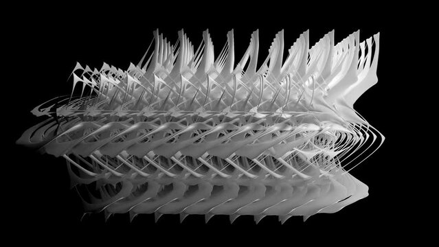 3d render monochrome abstract art video animation with surreal organic futuristic alien mechanism based on duplicate white bones objects in plastic material in rotation process on isolated black back