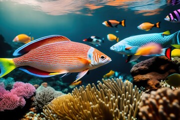 Naklejka na ściany i meble A flock of tropical fish in a coral reef. Life in the coral reef underwater. Wildlife concept of ecological environment. Generative AI
