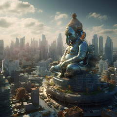 Ganesha god statue on a background of futuristic city. AI generated content.
