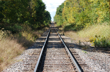 Looking down rail road tracks, Northern Illinois, USA.
