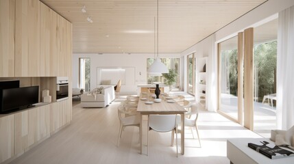 Fototapeta premium Modern light wooden living room which is the envy of all guests, Spacious interior. Generative AI Technology 